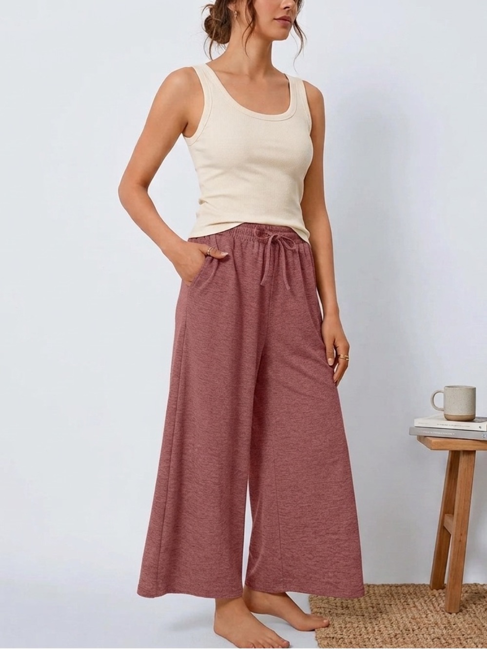 Muted Rose Wide-Leg Lounge Pants – Cropped Flowy Culottes